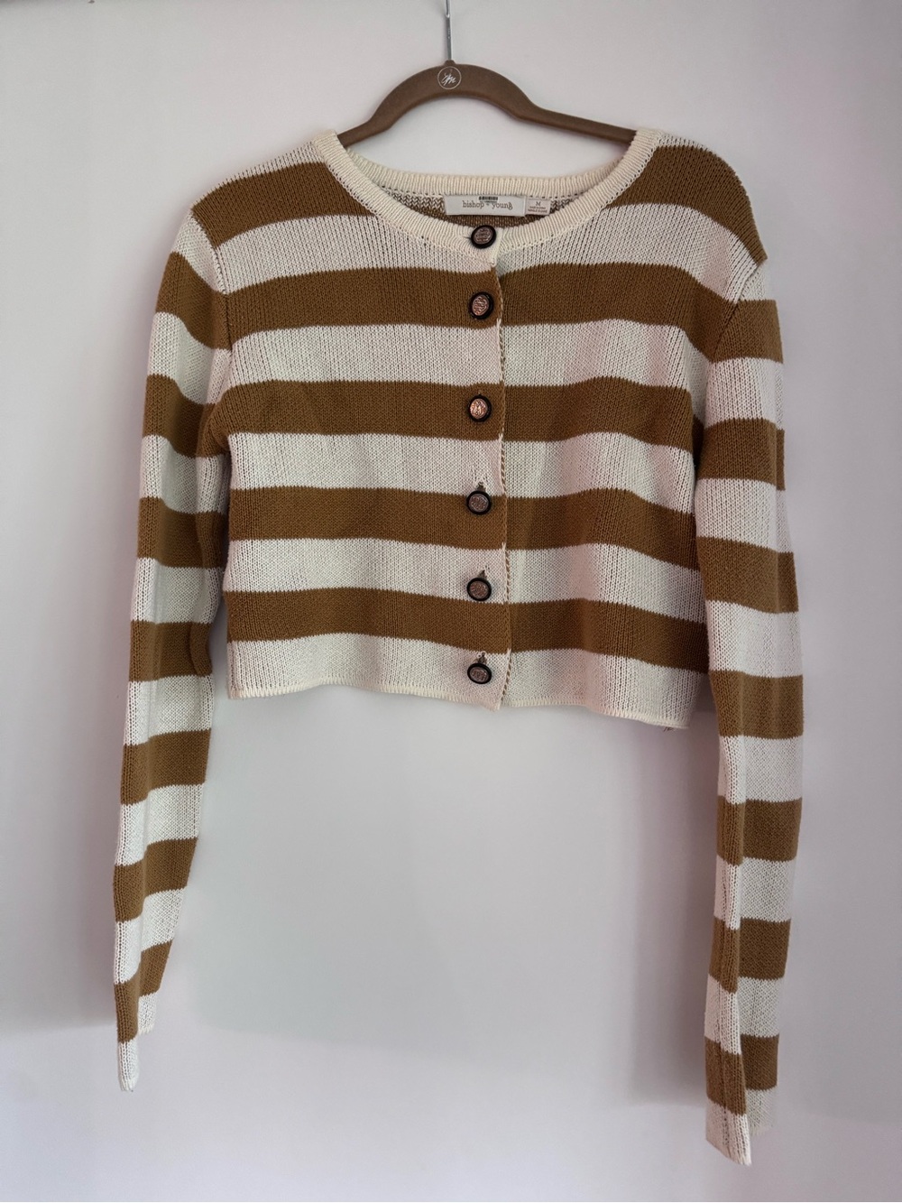 bishop + young Cream and Mustard Striped Cropped Button-Up Cardigan